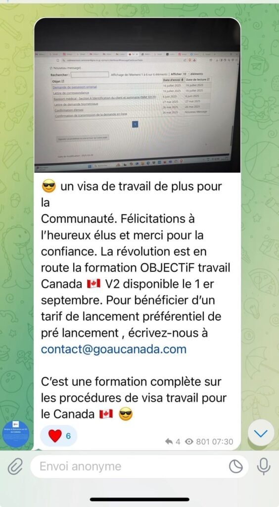 Message d'un candidat ayant reçu son visa de travail
