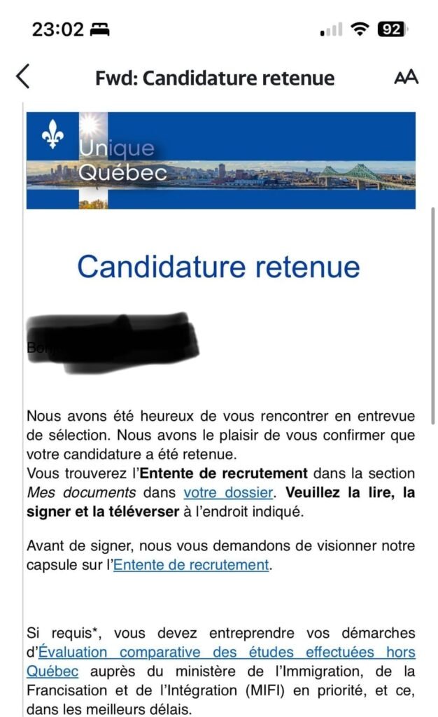 Contrat de travail canadien obtenu par une candidate